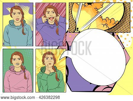 Portrait Of A Woman Making Grimace, Bares Her Teeth, Thinking, Sticking Out Tongue. Caucasian Funny 