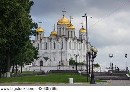 Russia, Vladimir, June 2021: Assumption Cathedral In Vladimir. Assumption Cathedral In Cloudy Weathe