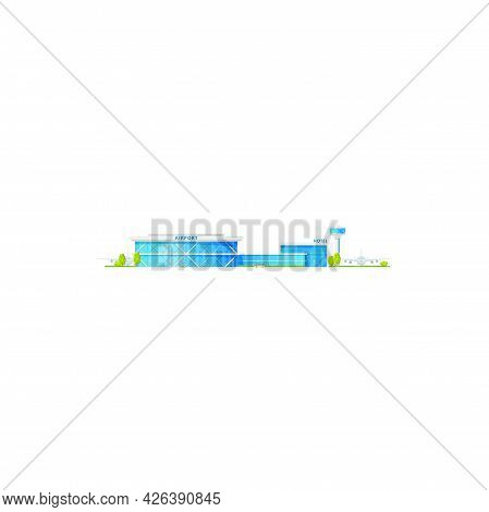 Modern City Airport Facade, Taxis And Buses, Sky Harbor Isolated Icon. Vector Concourse Airport Buil