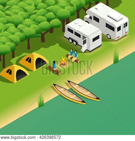 Kayak Rafting Downstream Tours Isometric Composition With Canoe Trip Camping Spot On River Bank Vect