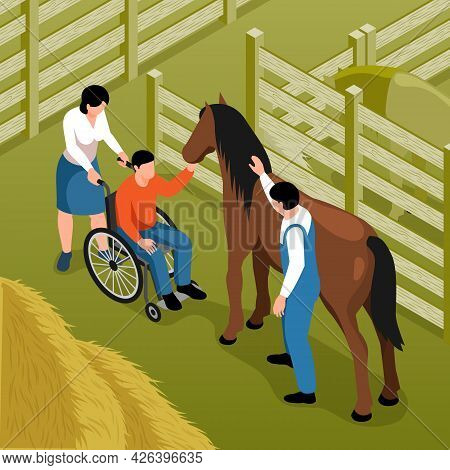 Hippotherapy Isometric Background With Disabled Man Sitting In Wheelchair Petting Horse Under Contro