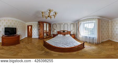 Minsk, Belarus - July, 2021: Full Seamless Hdri Panorama 360 View In Bedroom With Tv With Mahogany F