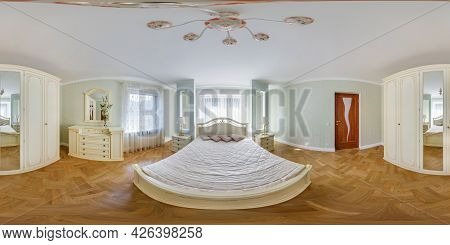 Minsk, Belarus - July, 2021: Full Seamless Hdri Panorama 360 View In White Bedroom With Mirror In Eq