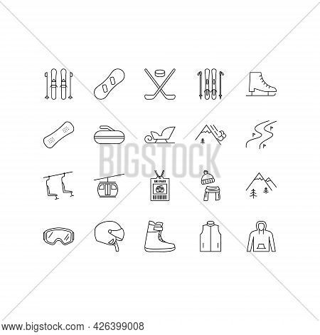 Winter Sport Equipment Flat Line Icons Set. Sports Games Equipment And Activities. Simple Flat Vecto