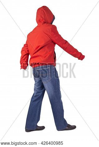 Dark Blue Jeans, Black Leather Shoes,red Jacket With A Hood Isolated On White Background. Casual Sty