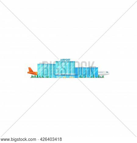 International Airlines Facade Exterior, Flying Airplanes And Buses Public Transport Isolated. Vector