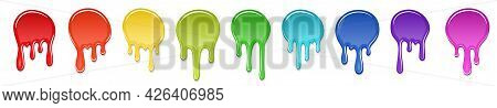 Drip Paint Spot 3d Set Isolated White Background. Rainbow Blob Ink Splash. Splatter Stain Texture. D