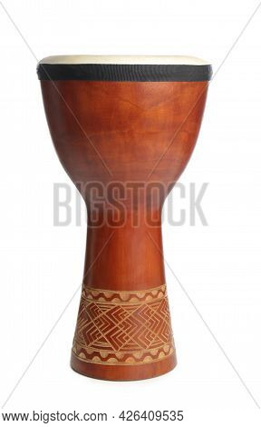 Vintage Hand Drum Isolated On White. Percussion Musical Instrument