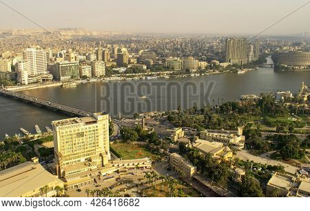 Cairo-egypt - October 04, 2020: Beautiful City Overview From Cairo Tower And Car Traffic During Day.