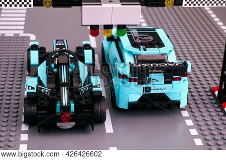 Tambov, Russian Federation - February 19, 2020 Lego Jaguar I-pace Etrophy And Formula E Panasonic Ja