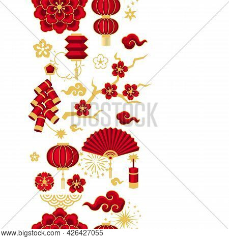 Happy Chinese New Year Ceamless Pattern. Background With Oriental Symbols.