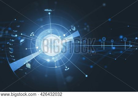 Light Blue And White Glowing Sphera With Orbital Lines, Sending Impulses To The Outer Space. Dark Bl