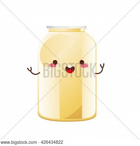 Mayonnaise Cute Character In Glass Bottle. Jar With White Sauce. Condiment Container In Cartoon Styl