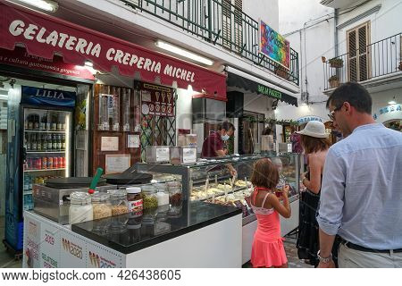 Peschici - 29/06/2021: Famous Italian Ice Cream Shop With People In Peschici, Puglia, Italy
