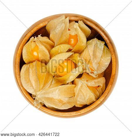Cape Gooseberries With Partly Open Calyx, In A Wooden Bowl. Fresh Fruits Of Physalis Peruviana, Also