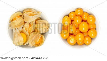 Cape Gooseberries, With And Without Calyx, In White Bowls. Fresh Fruits Of Physalis Peruviana, Also 