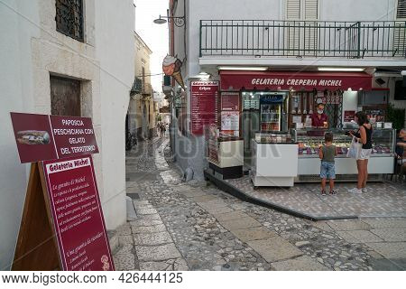 Peschici - 29/06/2021: Famous Italian Ice Cream Shop With People In Peschici, Puglia, Italy