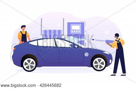 Two Young Male Characters Are Washing Exterior Of The Vehicle With Special Equipment. Concept Of Car