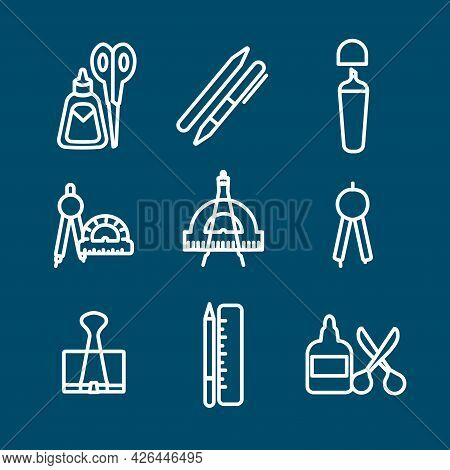 Ruler And Pencil, Paper Glue, Geometry Compass, School Chancery Line Icon Set. Ruler And Pencil, Pap
