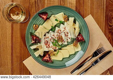 Platter Of Georgian Cheeses With Oil, Pomegranate, Walnuts