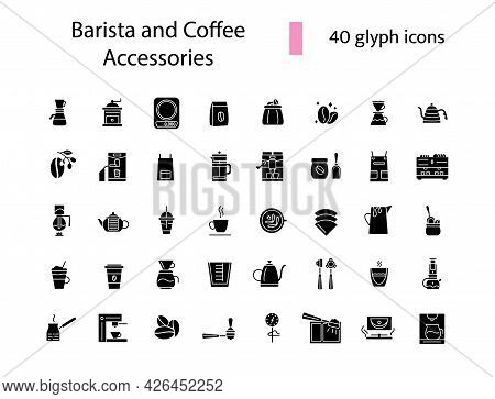 Barista And Coffee Accessories Glyph Icons Set. Coffee Shop Equipment. Isolated Vector Stock Illustr