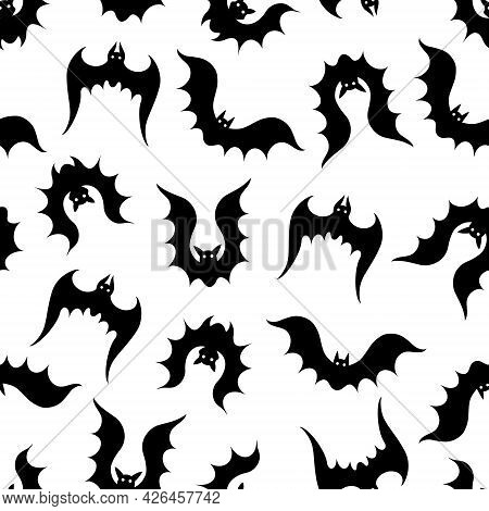 Seamless Vector Pattern With Bats. Black Silhouettes Of Animals On A White Background. Nocturnal Pre