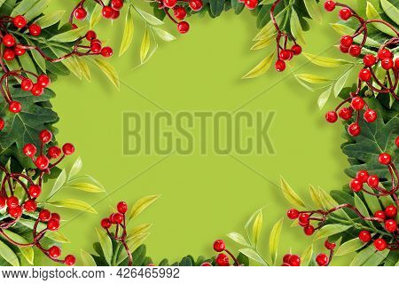 Autumn Oak And Rowan Branches With Red Berries On Green Background.
Flat Lay, Top View, Copy Space C