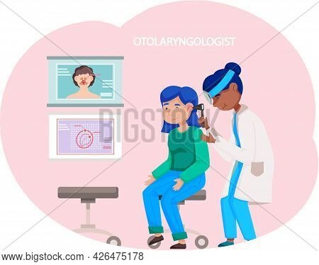 Otolaringologyst Takes Care Of People S Health In Hospital. Doctor Uses Otoscope And Examines Patien