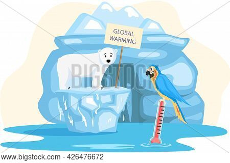 Polar Bear And Parrot On Melting Ice In Sea At North Pole Arctic. Global Warming Concept. Increasing