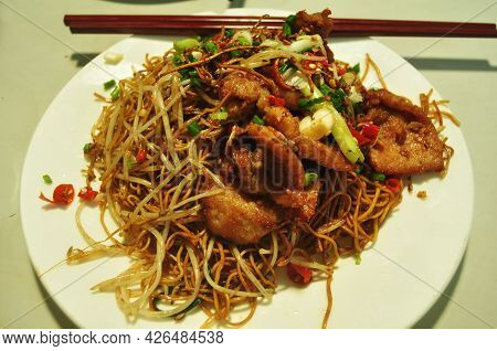 Macanese Local Food Noodles Fried With Vegetable And Meat Pork Lunch Meal To Macau People And Foreig