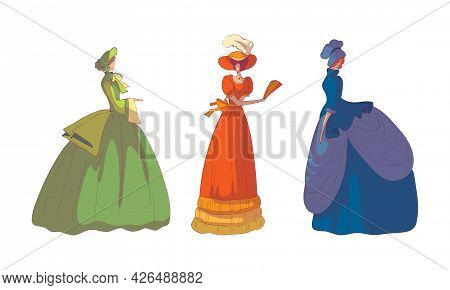 Woman In Standing Pose Wearing Old-fashioned Dress Or Ball Gown Vector Set