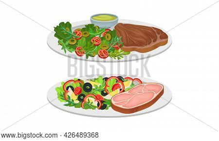 Meat Dish With Beef Steak And Green Salad Served On Plate Vector Set