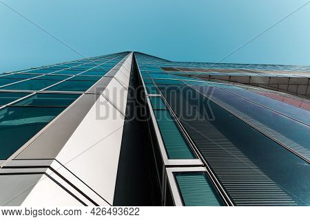 Madrid, Spain - February 7, 2021: Low Angle View Of Skyscraper In Cuatro Torres Business Area. View 