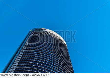 Madrid, Spain - February 7, 2021: Low Angle View Of Skyscrapers In Cuatro Torres Business Area. Pwc 