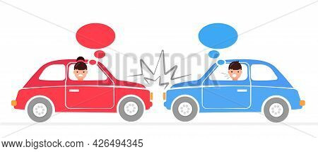 Car Accident. Damaged Autos. Man And Woman Are Angry And Scared. Automobile Damage And Crash On Road