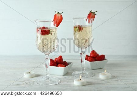 Concept Of Delicious Drink With Rossini Cocktail On White Wooden Table
