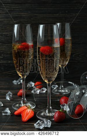 Concept Of Delicious Drink With Rossini Cocktail On Rustic Wooden Table