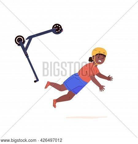 Child Falling Down From Kick Scooter. Little Girl In A Helmet Falls To The Ground After Scooter Acci