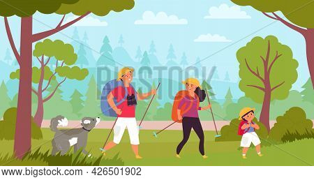 Family Hiking. Travelers Hike, Kids Trekking In Forest. Tourism Vacation, Adventure Walk With Parent