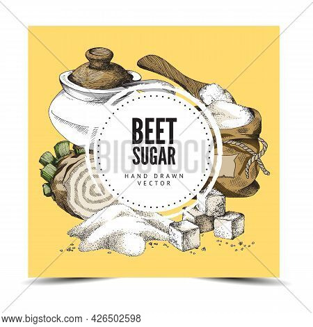 Poster With Beet Sugar - Beetroot, Cubes Refined Sugar, Full Sack And Sugar Bowl