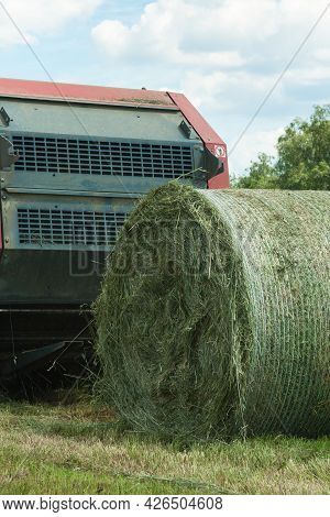 Making A Large Roll Of Hay For Livestock During Field Work For A Farm Business