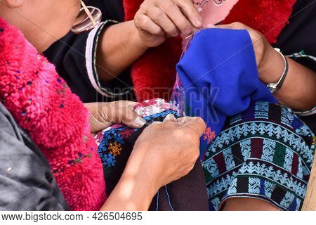Close-up Hand Female Mien Hilltribe Embroider Pattern Colored Thread