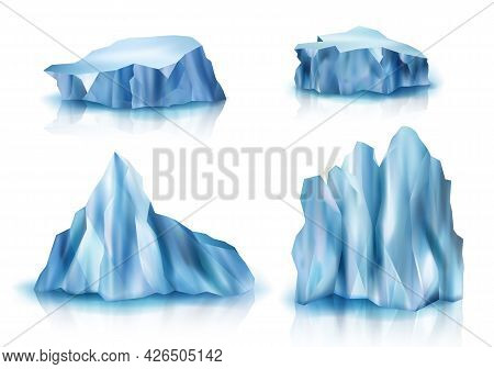 Realistic Glaciers. Big Iceberg Ice Rocks Cold Outdoor Weather Symbols Of North Pole Arctic Snow Tex