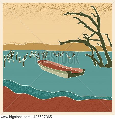 Abstract Retro Landscape Poster. Stylized Boat In Lake With Dry Tree Trunks, Mountains On The Horizo