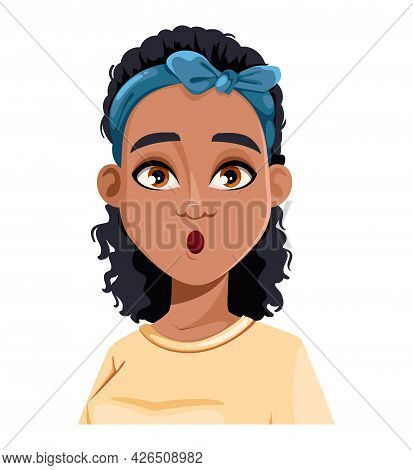 Face Expression Of African American Woman, Surprised. Female Emotion. Cute Cartoon Character In Flat