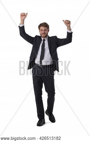 Smiling Businessman Holding Arms Raised Isolated On White Backcground