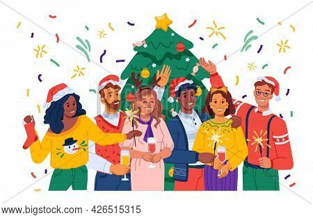 People Celebrating Xmas And New Year By Pine Tree Decorated With Star And Baubles. Men And Women, Fr