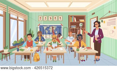 Lesson In School, Kids Listening And Answering Teachers Questions On Classes. Education And Studies 