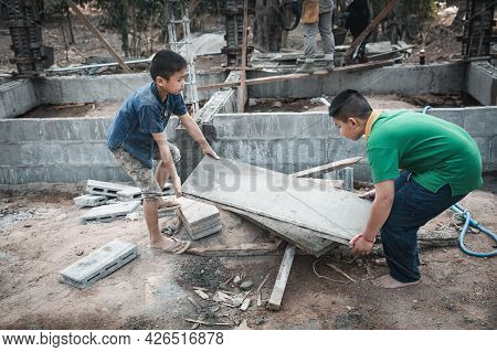 Poor Children Working At Construction Site Against Children Labour, Children Have To Work Because Of