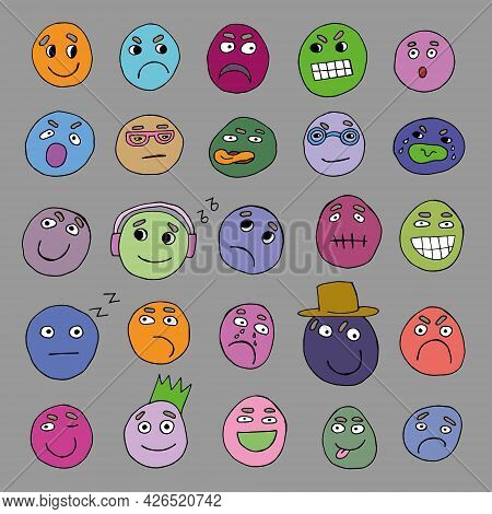 Set Of Vector Faces With Different Emotions Isolated On A White Background. Flat Cartoon Style Suita